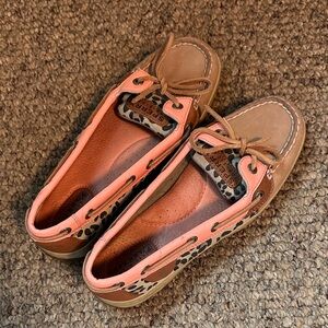 Sperry Leopard Print Tan and Coral Boat Shoes